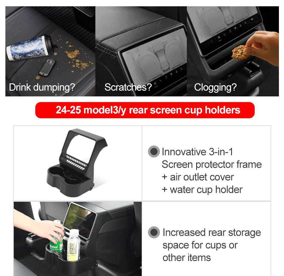 Rear touchscreen protector frame for Tesla Model 3 and Model Y, shielding screens from scratches while enhancing interior style