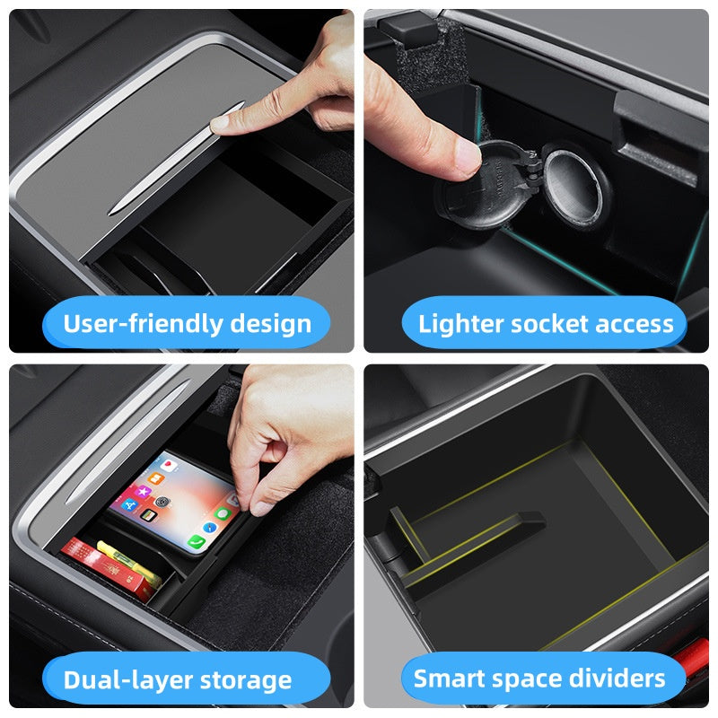 Segmented center console tray with dedicated spaces for phone, cards, sunglasses, and small items to keep the interior tidy and easily accessible