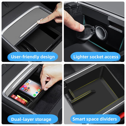 Segmented center console tray with dedicated spaces for phone, cards, sunglasses, and small items to keep the interior tidy and easily accessible
