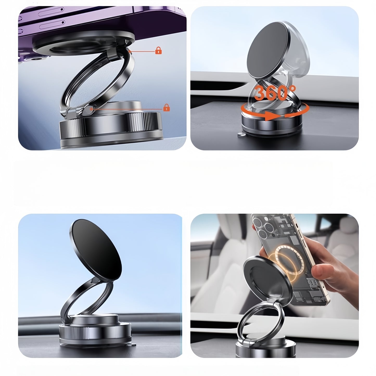 Strong suction cup with residue-free adhesive ensures stable mounting on dashboard or windshield without marks