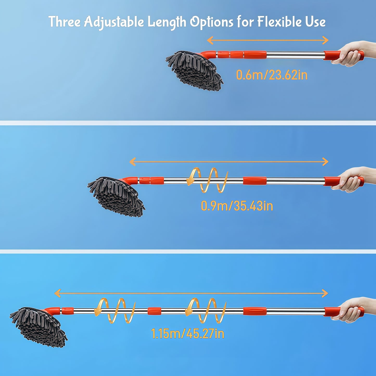 Telescopic long handle car wash brush extends for easy cleaning of high or distant areas without bending or stretching