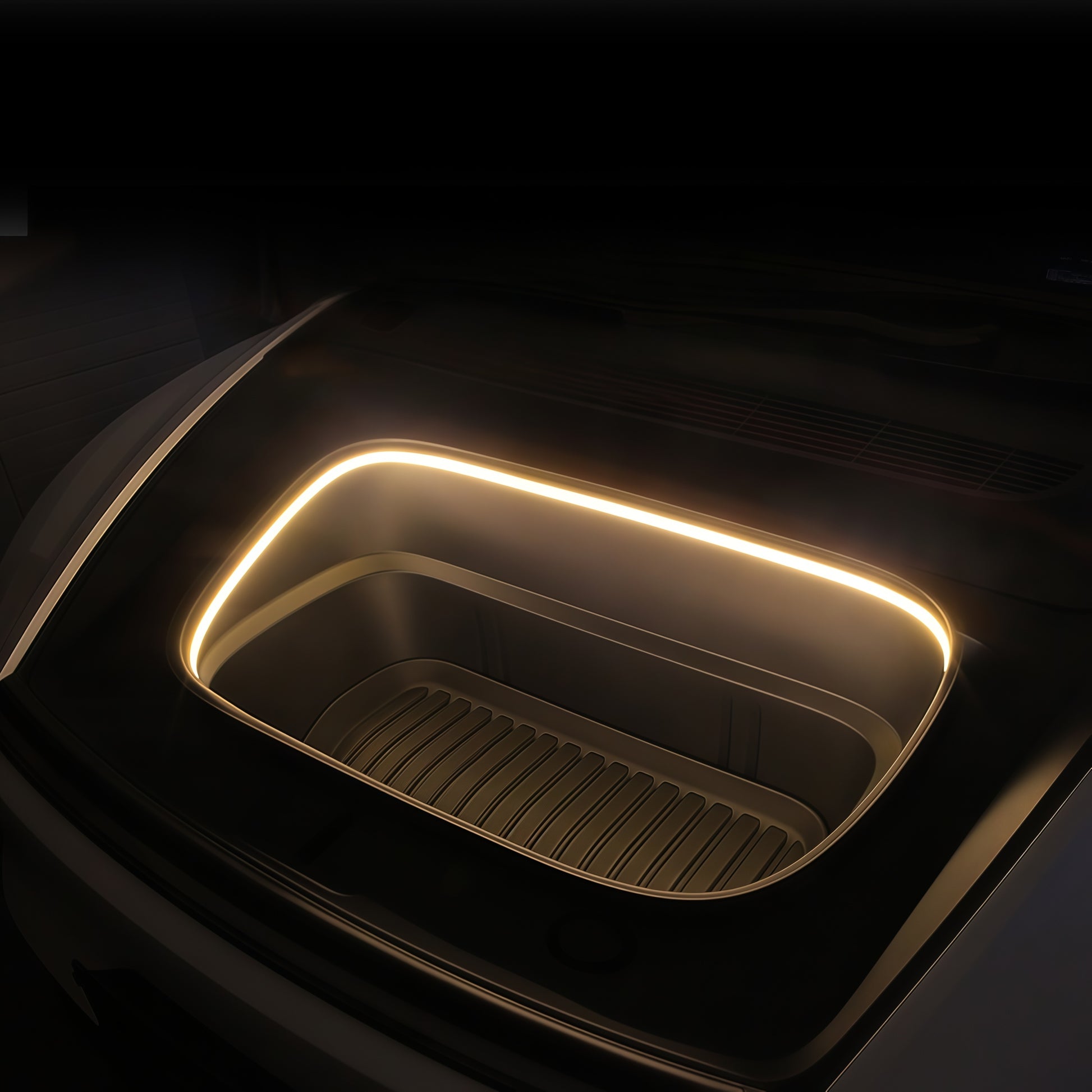OEM style Tesla front trunk LED light strip with hidden embedded installation for clean factory appearance