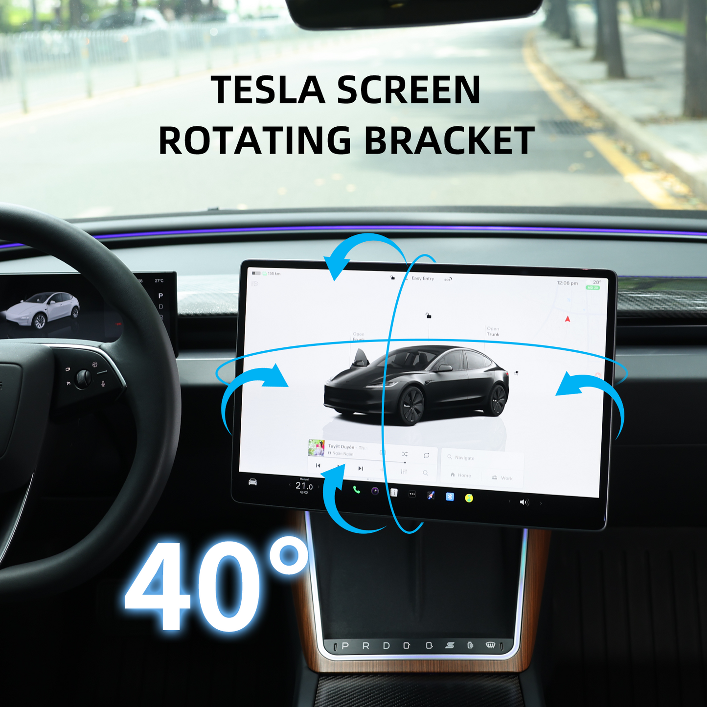 Premium 40° rotation screen mount for Tesla Model 3 Highland, built with reinforced ABS and aluminum alloy for stability and durability