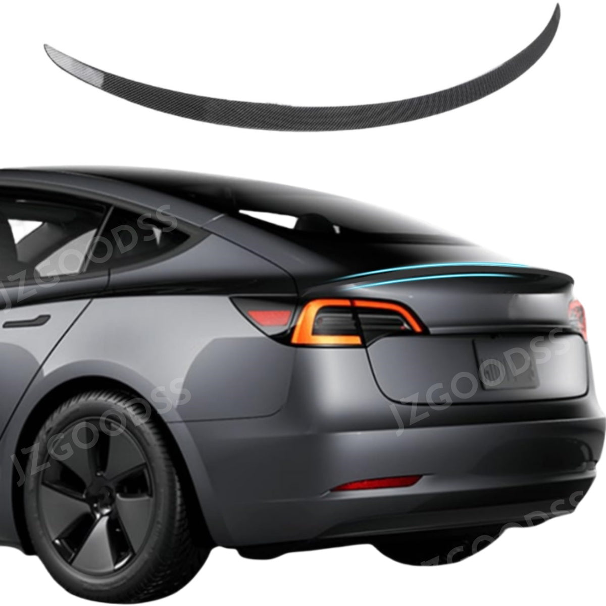 Drag-reducing rear spoiler for 2024 Tesla Model 3 enhancing stability and delivering smoother aerodynamic performance.