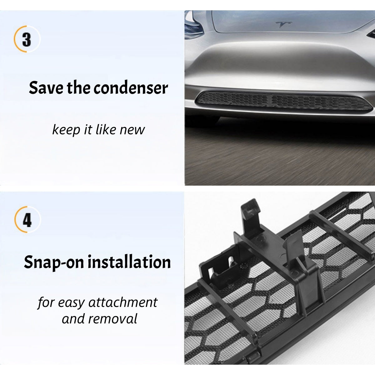 Improve radiator cooling and airflow with Tesla Model 3 Highland front mesh grille, blocks debris and enhances performance