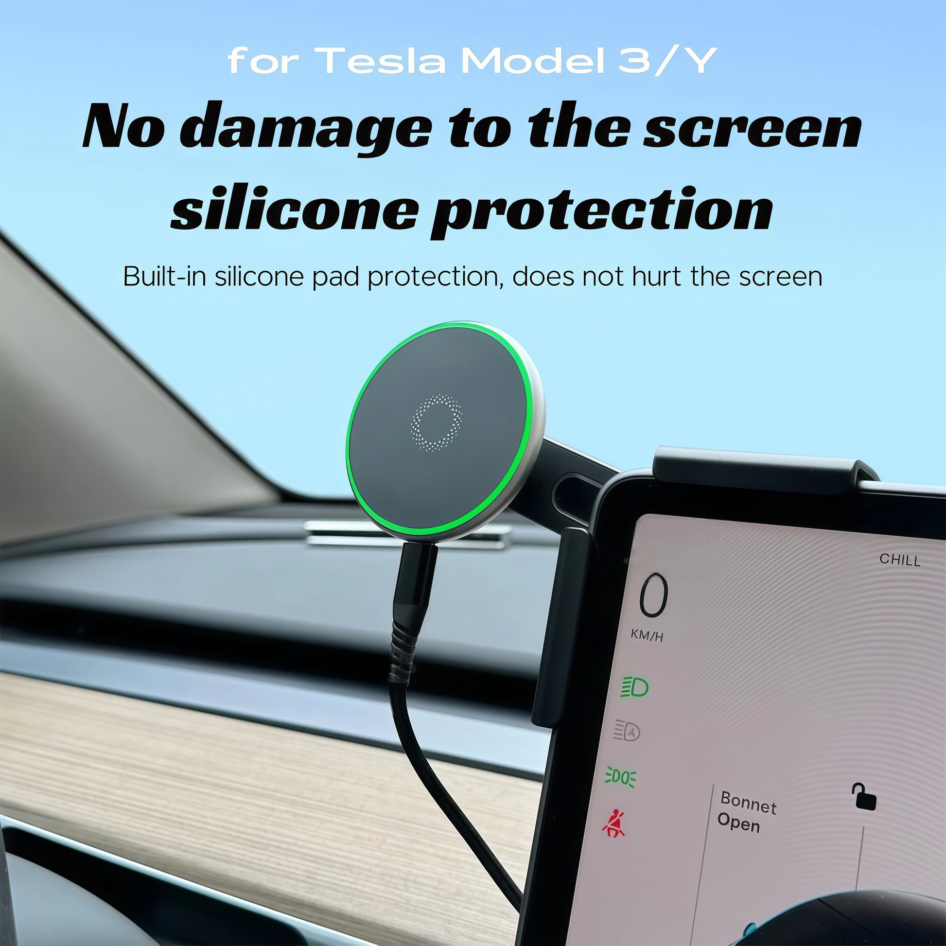 Tesla Model 3 phone holder installed behind display with wireless charging and stable magnetic grip