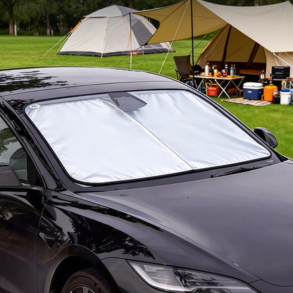 Custom fit windshield sunshade designed for Tesla Model 3 and Model Y 2021-2026 providing full coverage and interior heat protection