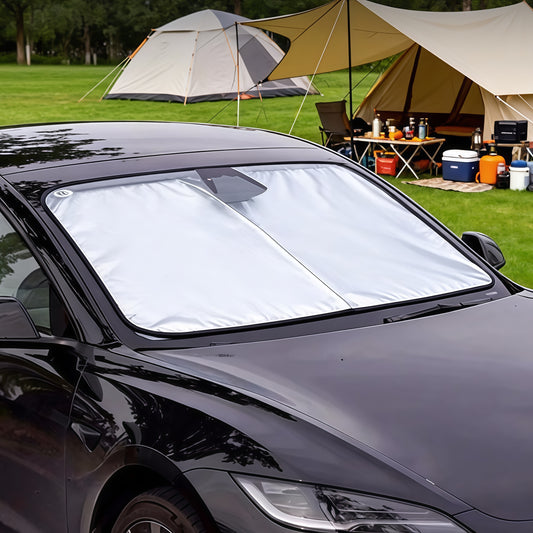 Custom fit windshield sunshade designed for Tesla Model 3 and Model Y 2021-2026 providing full coverage and interior heat protection