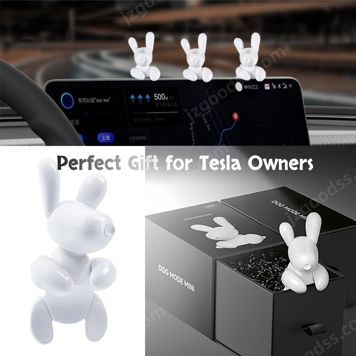 Cute dog figurine accessory mounted near the Tesla center screen to personalize Model 3 and Model Y interiors