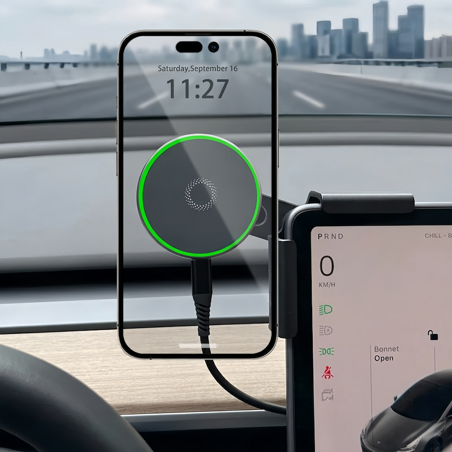 Magnetic wireless phone mount designed for Tesla Model 3 and Model Y with fast charging and secure dashboard placement