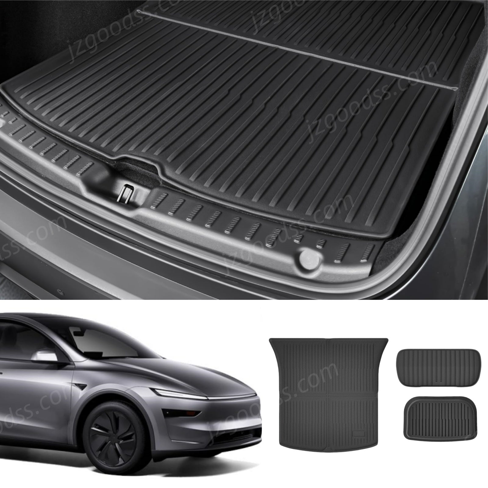 Perfect-fit trunk mat set for Tesla Model Y 2025 designed with precise laser contouring to install without trimming or modifications