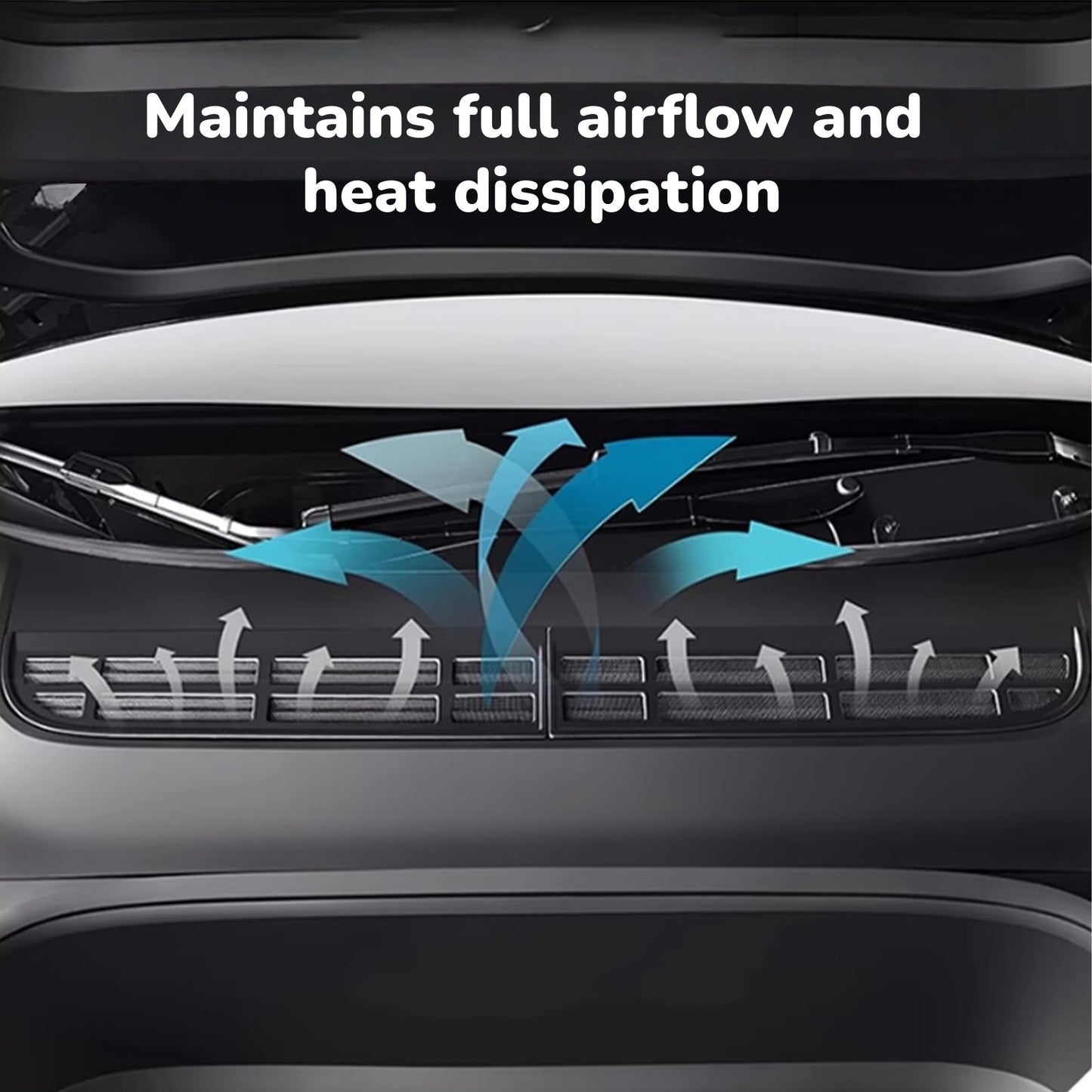 Tesla Model Y air intake cover made of ABS plastic and stainless steel mesh for long-lasting, rust-resistant performance.