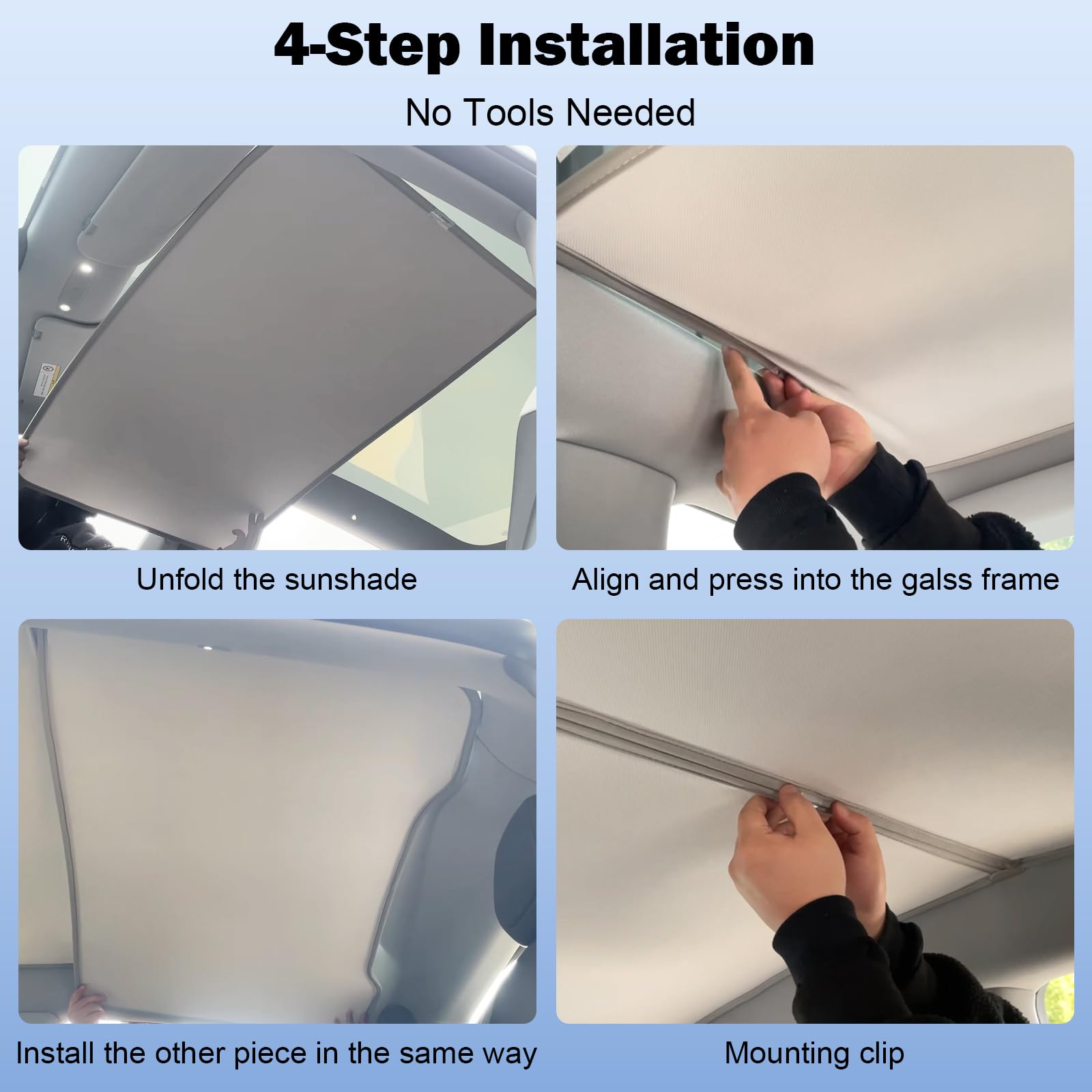 2PCS Tesla Model Y sunshade set for front and rear, includes clips, storage bag, and instructions