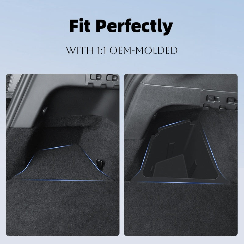 Hidden trunk organizer for Tesla Model Y featuring a dustproof lid to keep small accessories neat, protected, and clutter-free
