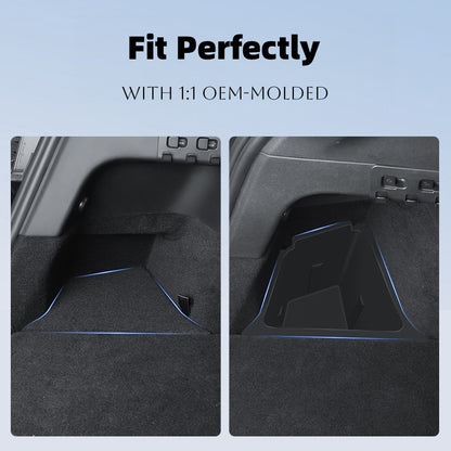 Hidden trunk organizer for Tesla Model Y featuring a dustproof lid to keep small accessories neat, protected, and clutter-free