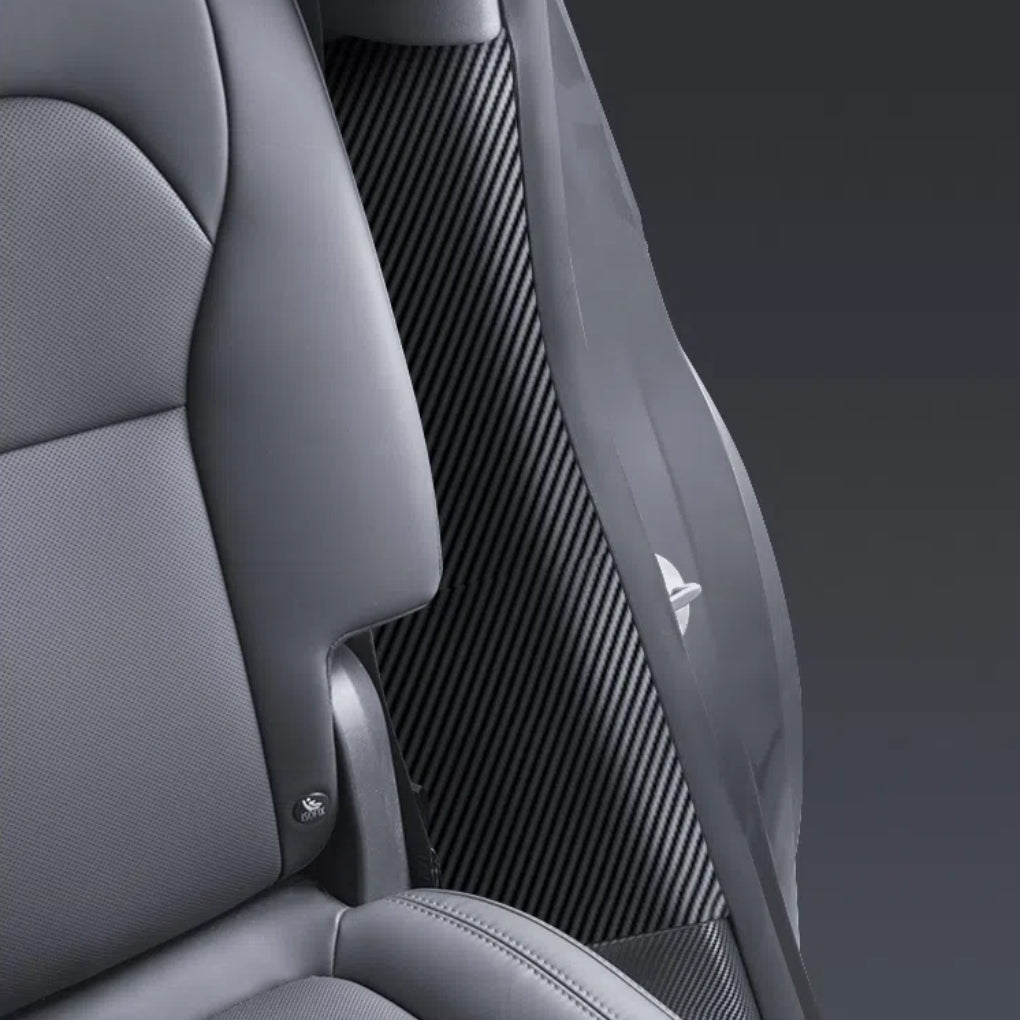 Tesla Model Y Juniper carbon fiber door sill guard offering stylish interior trim protection from scuffs and shoe marks