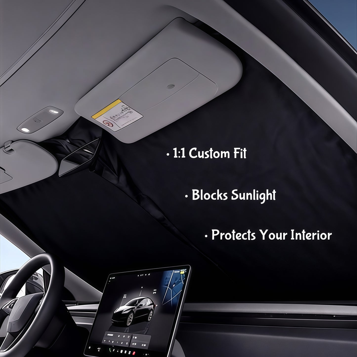 Front windshield sunshade for Tesla Model Y and Model 3 protecting dashboard and seats from UV damage and fading