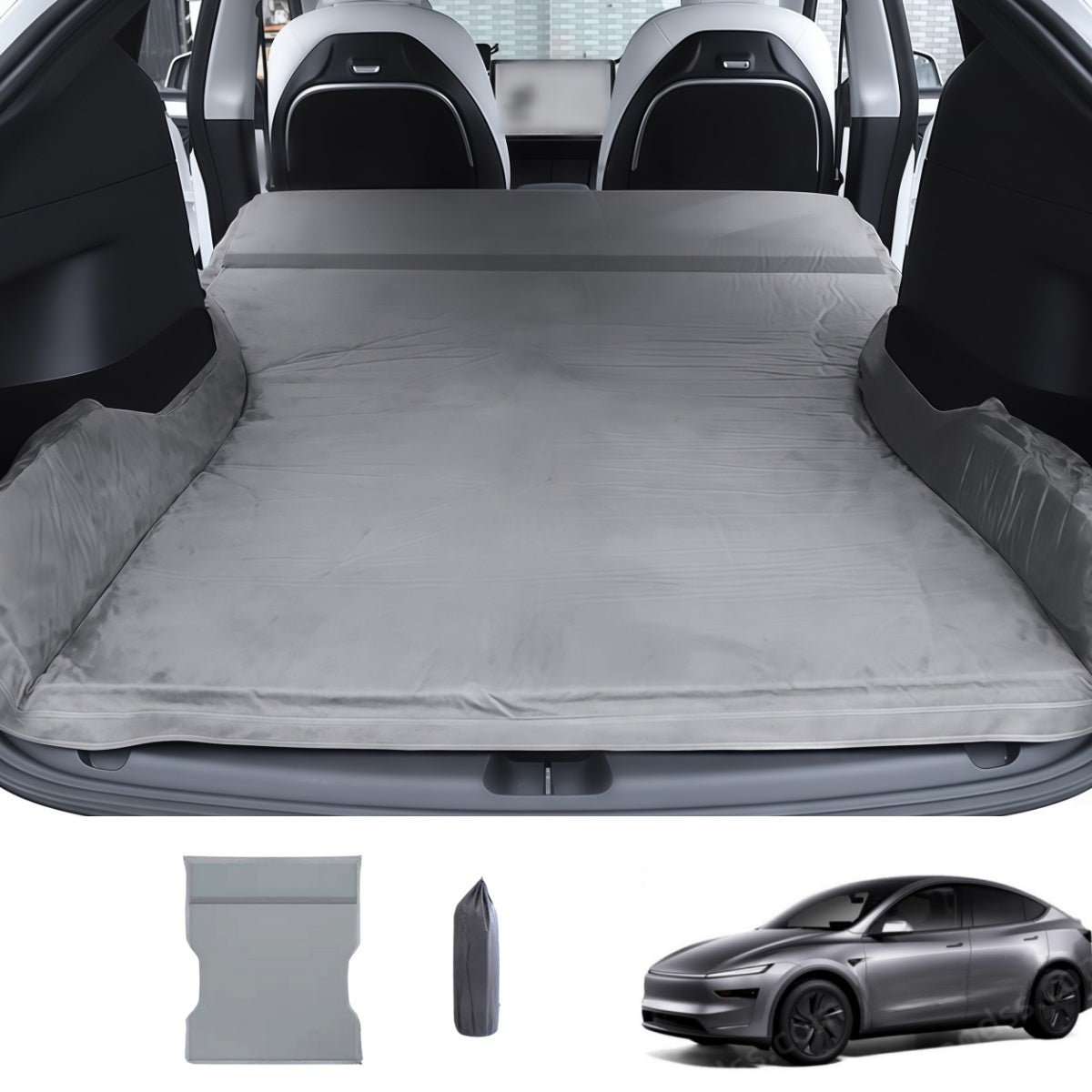Suede inflatable camping mattress designed for Tesla Model Y and Tesla Model 3, creating a comfortable car sleeping bed for road trips and camping