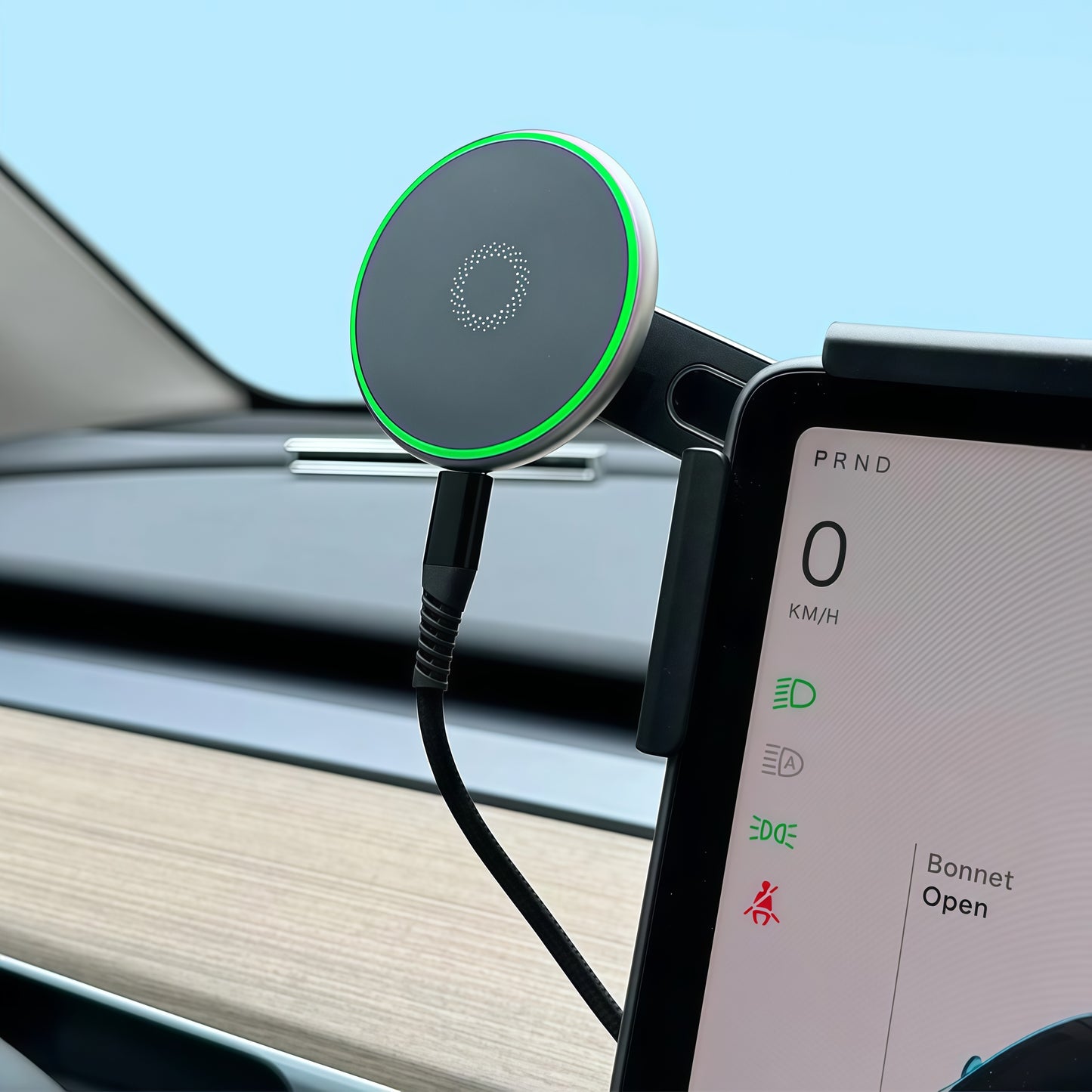 Tesla Model Y phone mount with wireless charging and MagSafe support for easy navigation and daily driving