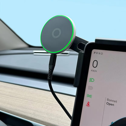 Tesla Model Y phone mount with wireless charging and MagSafe support for easy navigation and daily driving