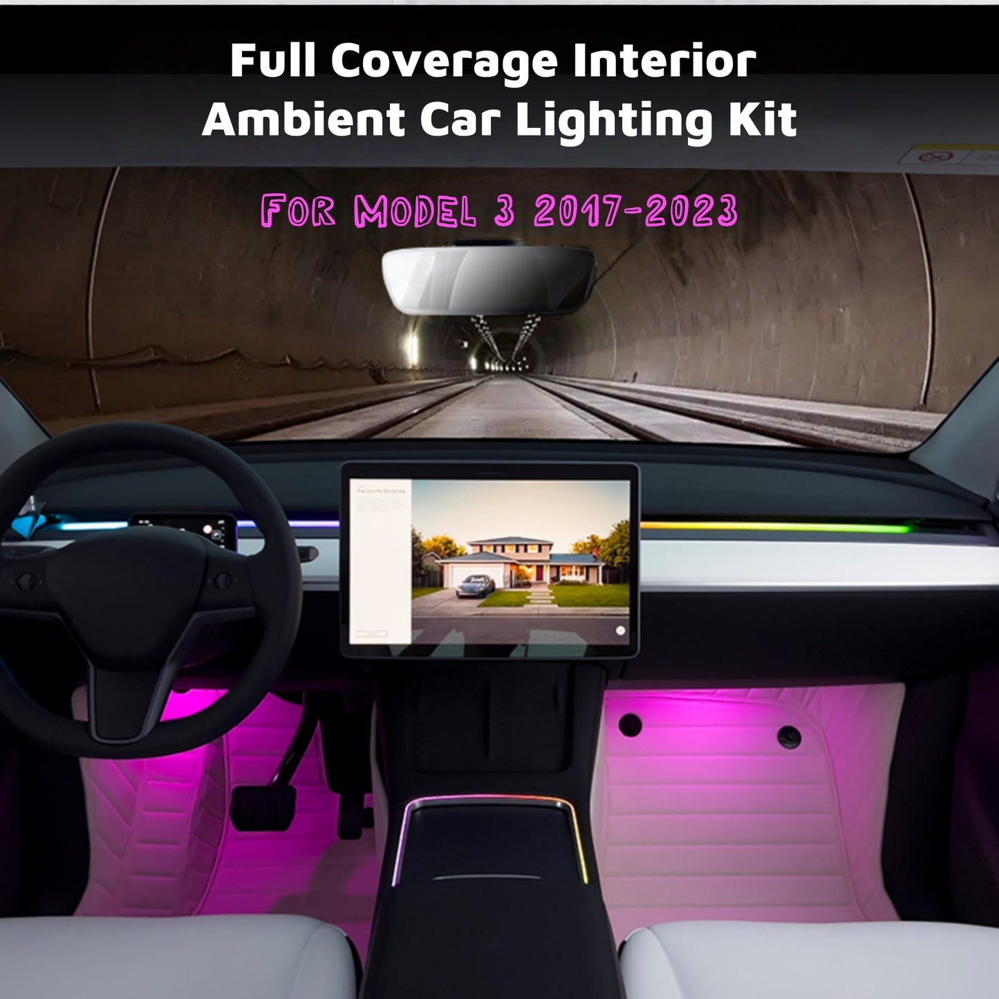 App-controlled console ambient lighting for Tesla Model 3 2021-2023, providing customizable colors and soft interior illumination