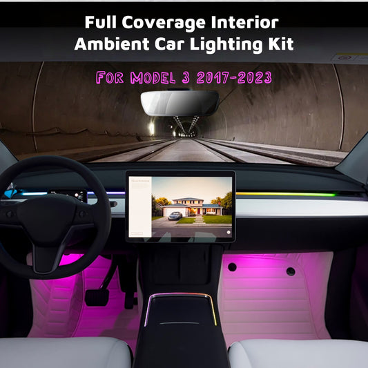 App-controlled console ambient lighting for Tesla Model 3 2021-2023, providing customizable colors and soft interior illumination