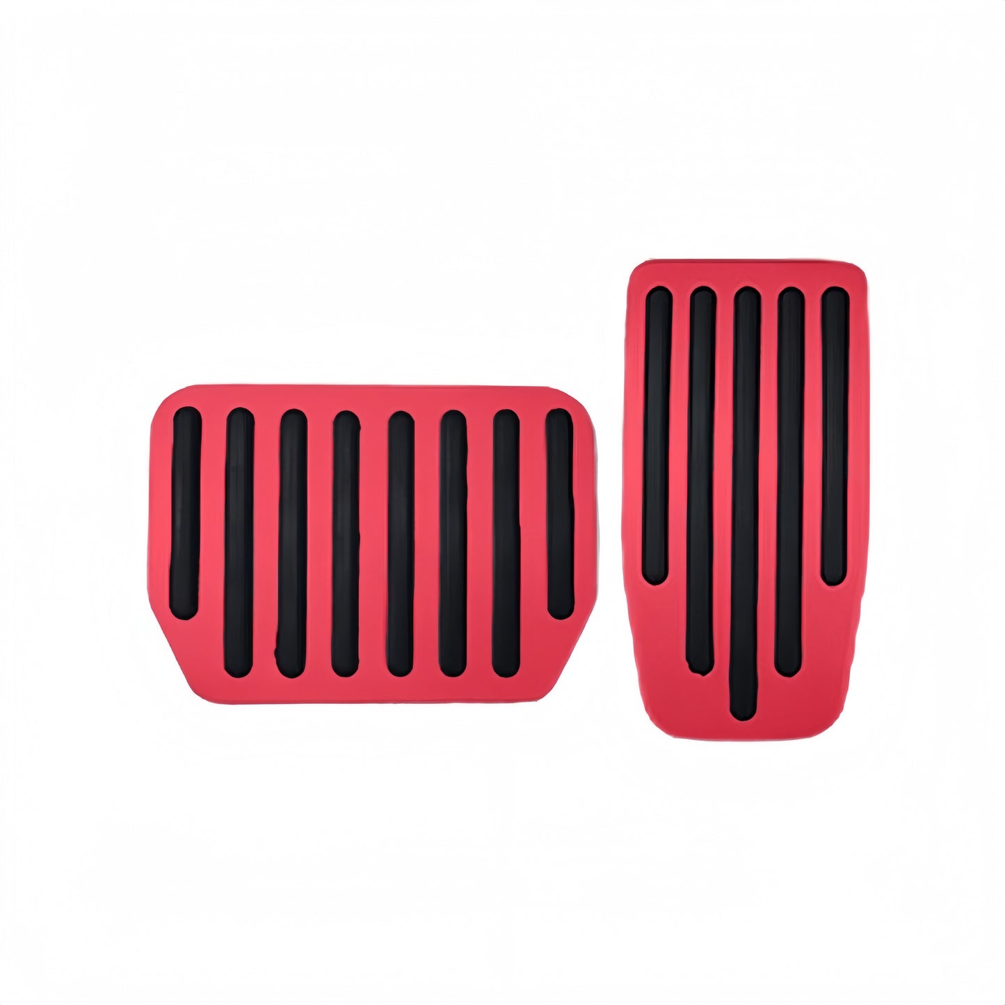 Brushed alloy accelerator and brake pedal covers providing durable, secure fit for Tesla Model 3 and Model Y interiors