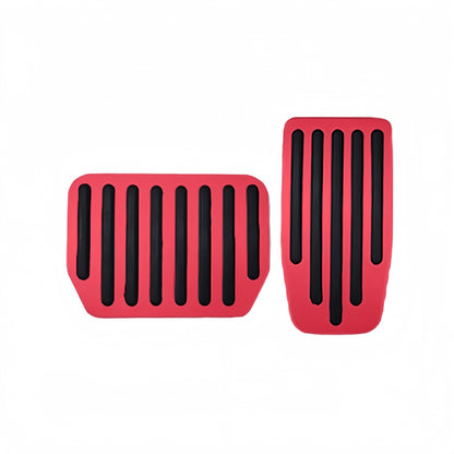 Brushed alloy accelerator and brake pedal covers providing durable, secure fit for Tesla Model 3 and Model Y interiors
