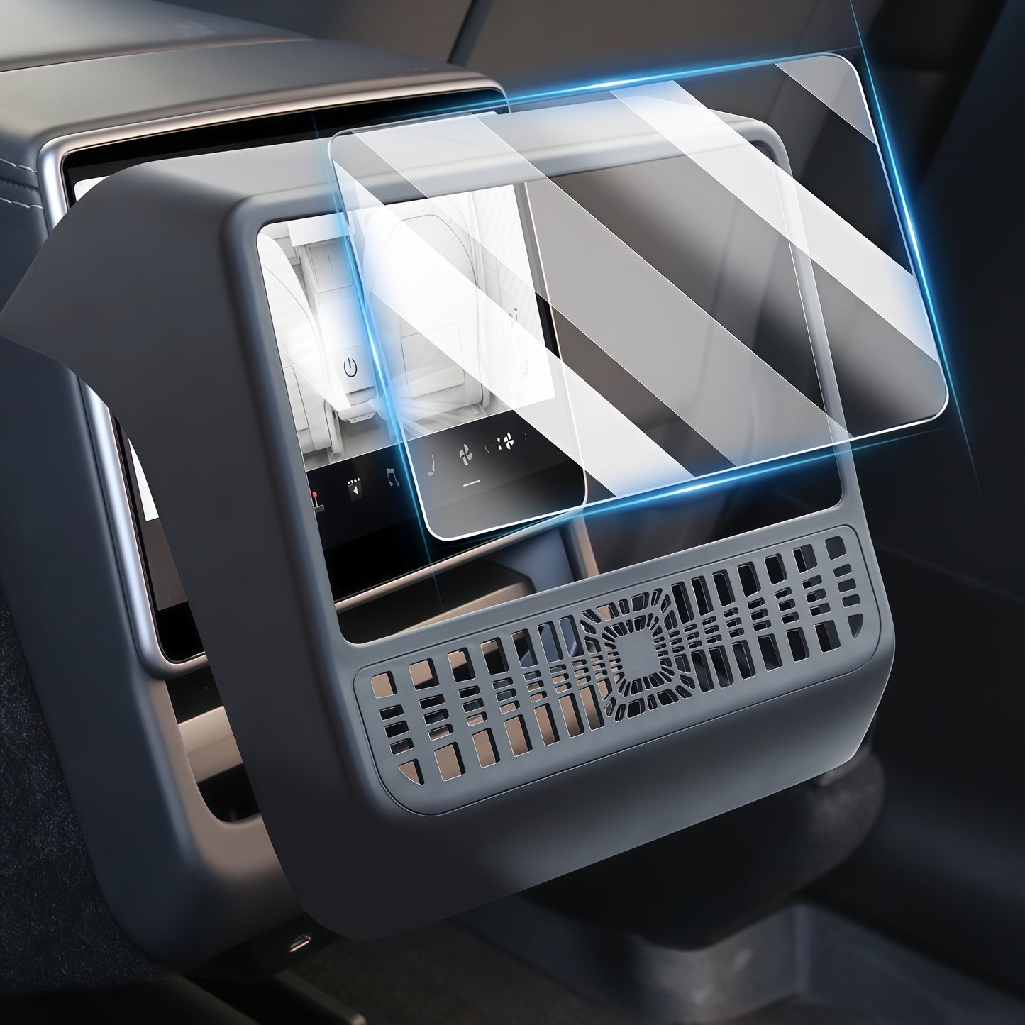 Integrated rear console protection combining screen protector and vent cover for Tesla rear entertainment display