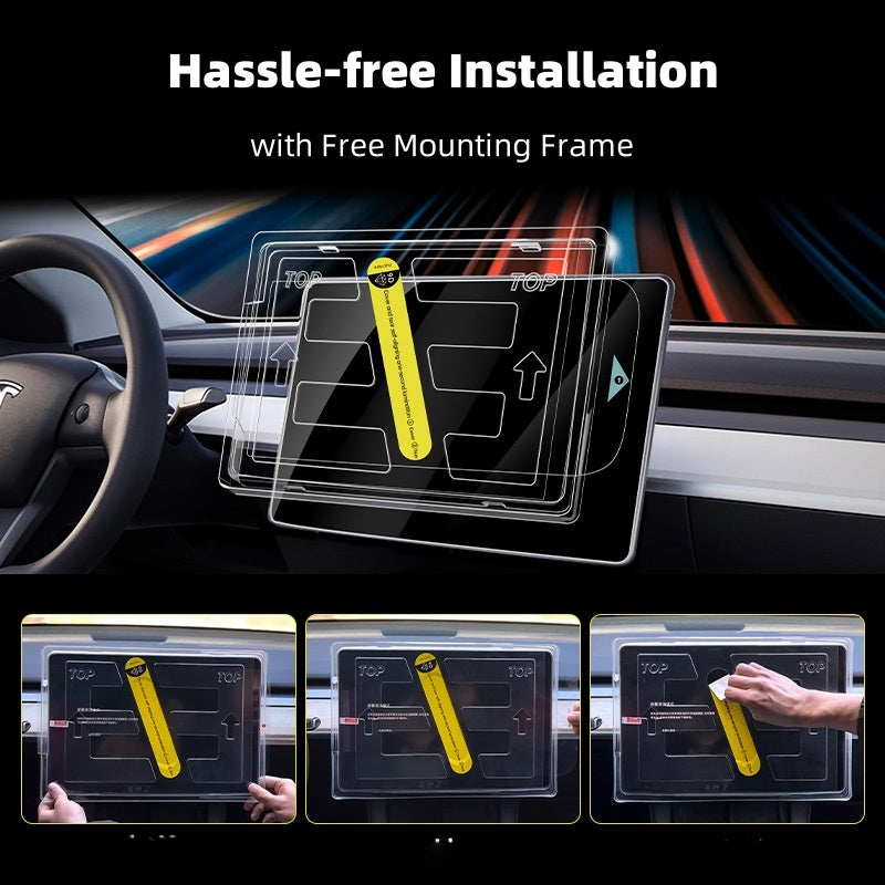 Tesla Model 3/Y screen protector package includes front navigation and rear screen protectors, instructions for easy installation, premium tempered glass protection