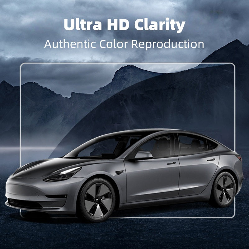 Ultra-clear tempered glass Tesla screen protector for Model 3 2024+ and Model Y 2025+, maintains touch sensitivity and reduces glare for navigation and rear displays