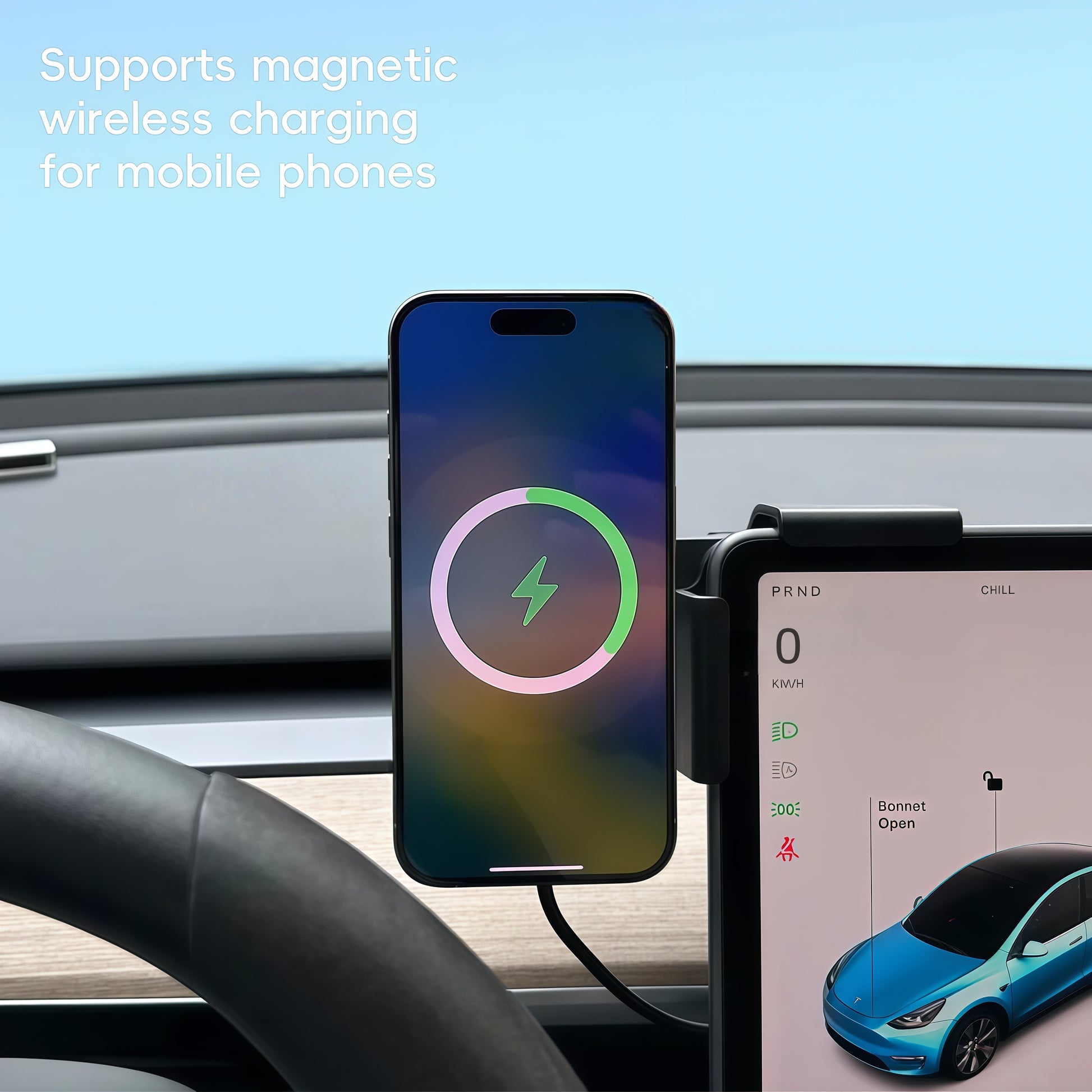 Tesla wireless charging phone holder with 15W fast charging, keeping your device powered while driving