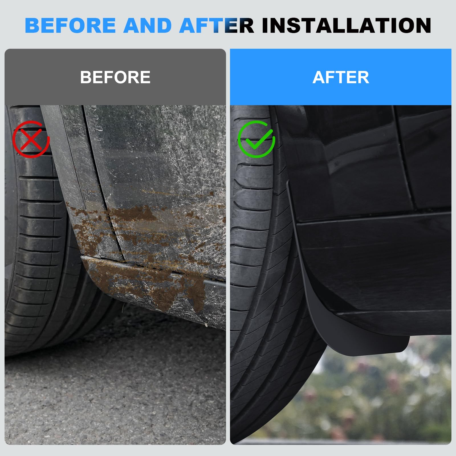 Tool-free installation mud flaps for Tesla Model 3 Highland and Model Y, attaching with factory clips for easy setup