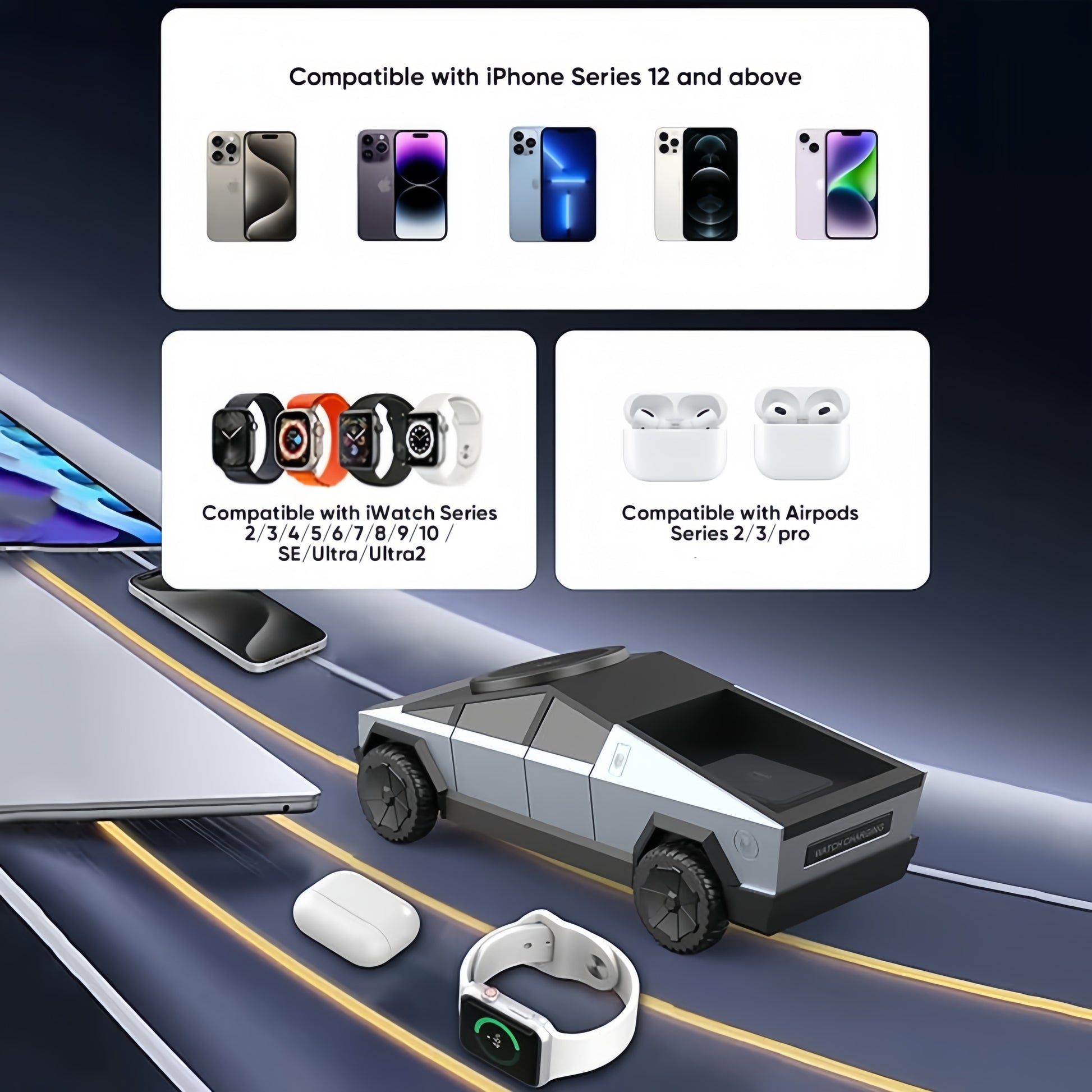 Universal magnetic charging dock compatible with phones, wireless earbuds, and smartwatches using multi-power output levels