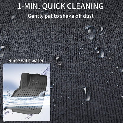 Waterproof all-weather floor liners protecting Tesla Model Y from mud, rain, snow, sand, and road debris